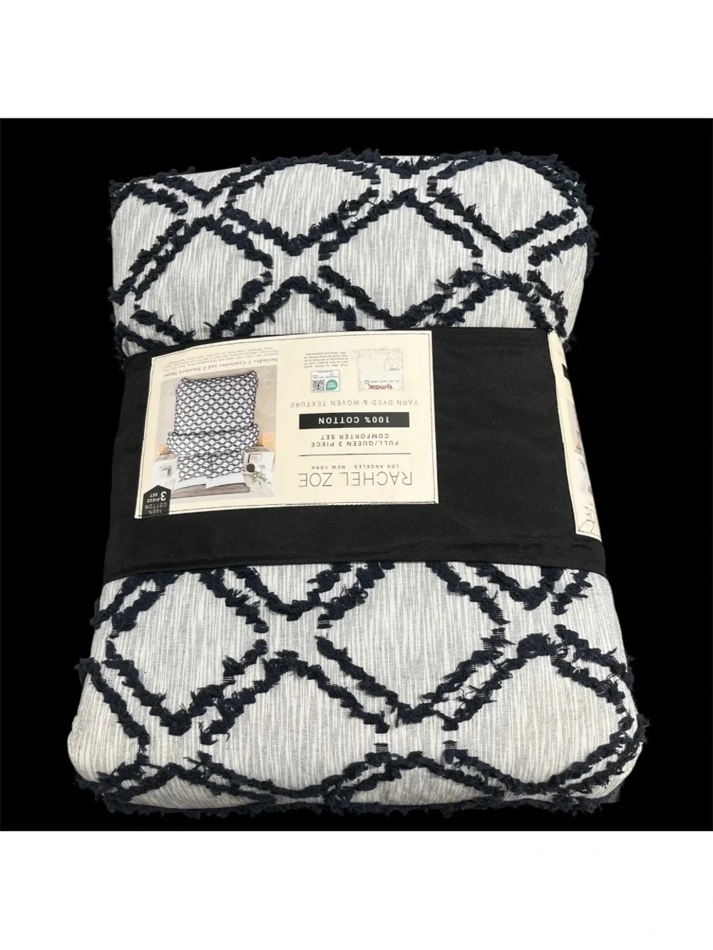 Rachel Zoe Full/Queen Comforter Only Cotton Yarn Dyed Navy Blue No Shams New